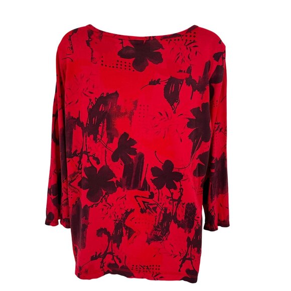 CMC Women Red Floral Print Round Neck 3/4 Sleeve Cotton Top Size L - Picture 4 of 6